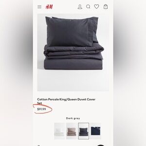 H&M Home king duvet set: cover + 2 pillowcases/ shams, dark gray, 100% cotton